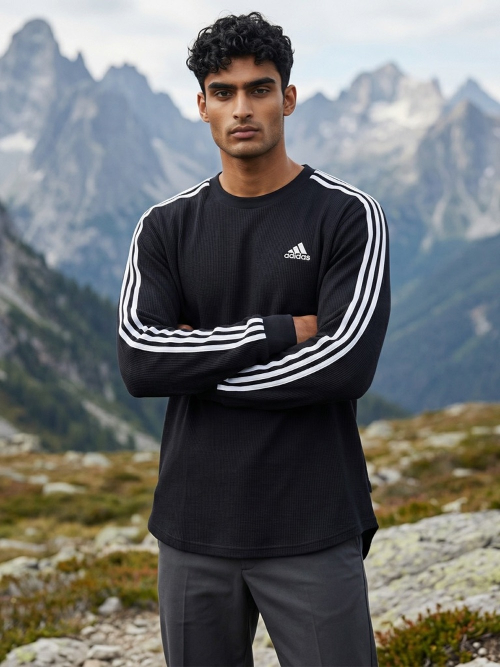 adidas Black Long-Sleeve Crew with White 3-Stripes